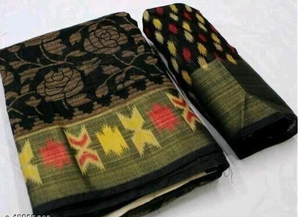 Brasso Cotton Saree With Big Border - Free Size, Black, Cotton, Print, Pack of1